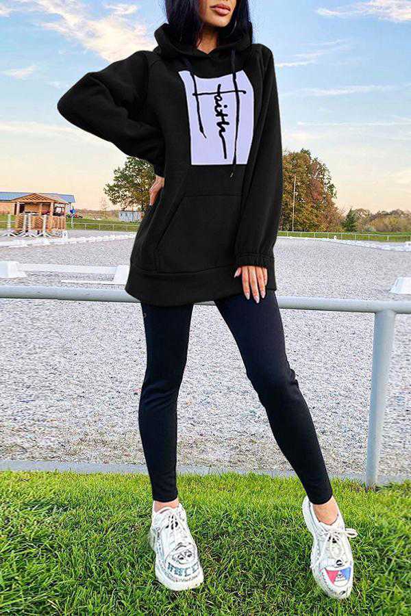 Faith Letters Print Loose Casual Long Sleeve Hoodie