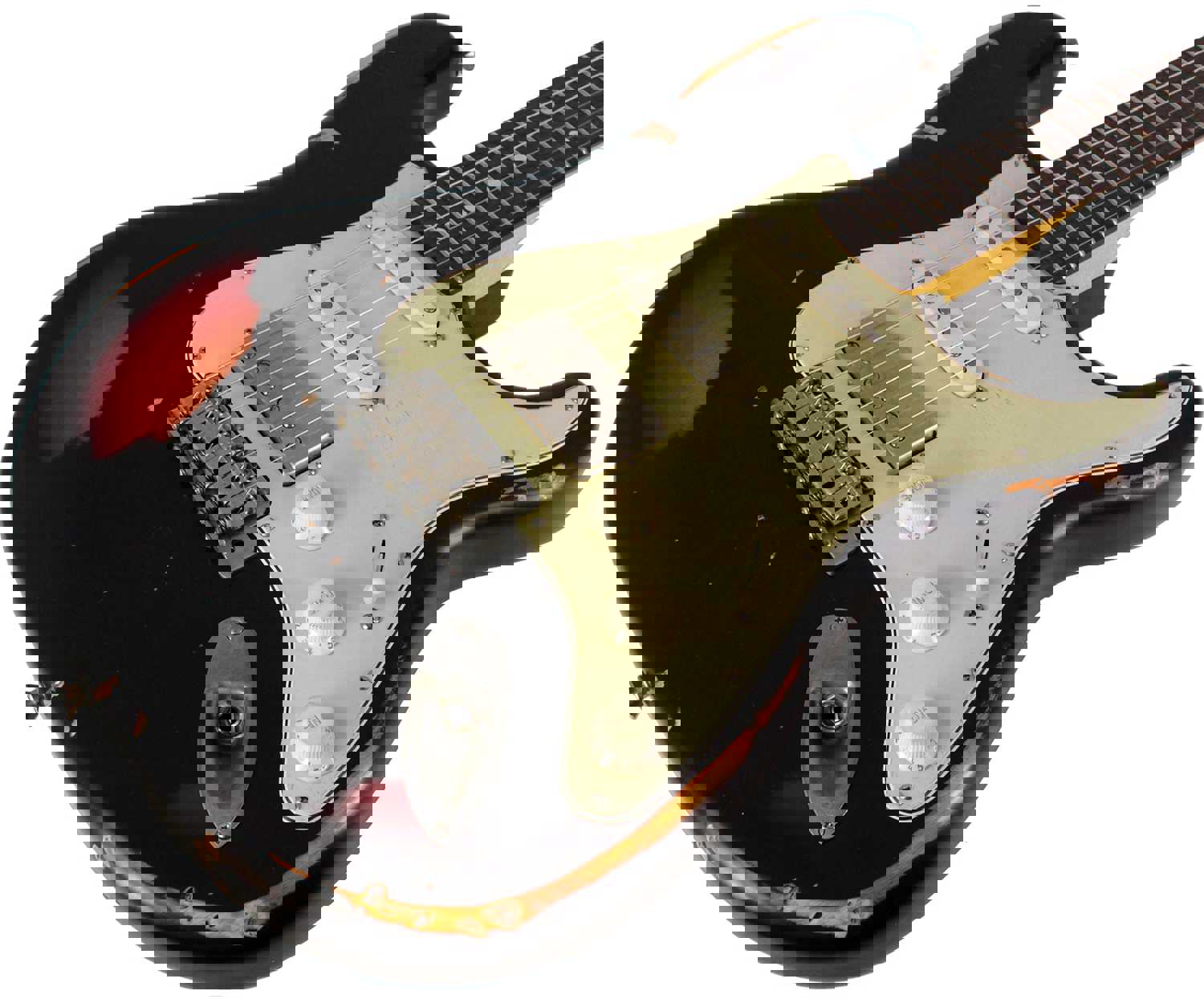 Nash S-63 Guitar, HSS, Black over 3 Tone Sunburst, Heavy Aging