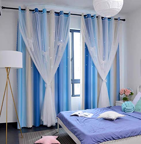 Yancorp Room Darkening Light Blocking Blue Beige Curtains with Sheer Lace and Detachable Bow Ties