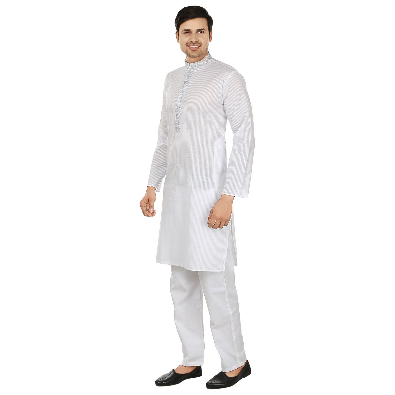 Men's Embroidered Cotton Kurta Pajama - Traditional Indian Outfit (White)