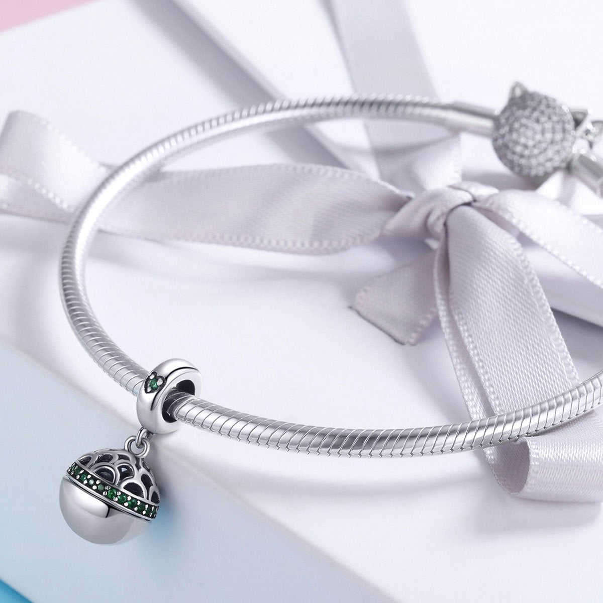 Sterling 925 Silver Hollow Round Box Green Pendant for Pandora & European Charm Bracelets