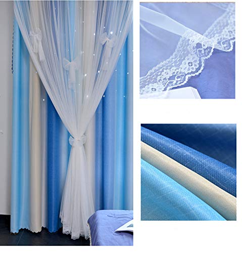 Yancorp Room Darkening Light Blocking Blue Beige Curtains with Sheer Lace and Detachable Bow Ties