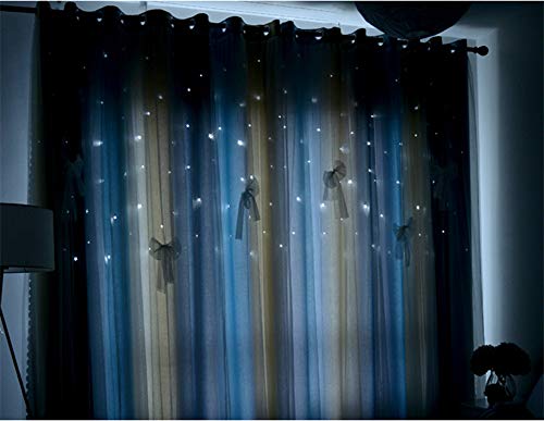 Yancorp Room Darkening Light Blocking Blue Beige Curtains with Sheer Lace and Detachable Bow Ties