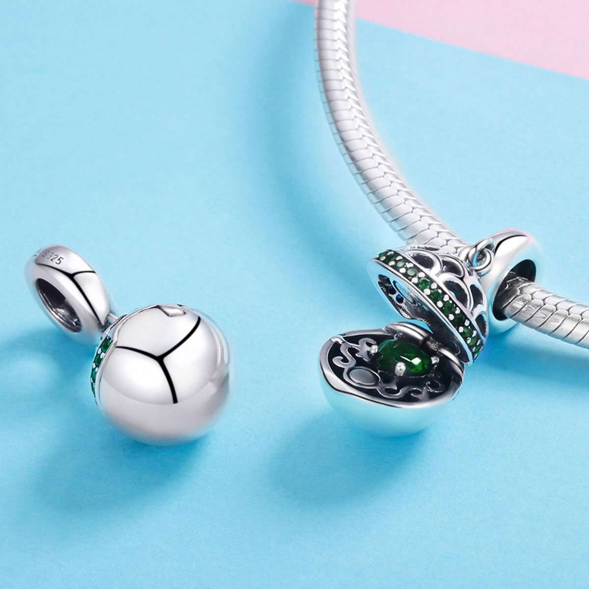 Sterling 925 Silver Hollow Round Box Green Pendant for Pandora & European Charm Bracelets