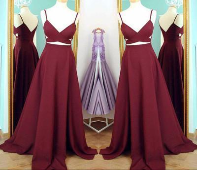 Two Piece Straps Long Prom Dress Evening Dress Spaghetti Straps Wine Red Prom Dresses