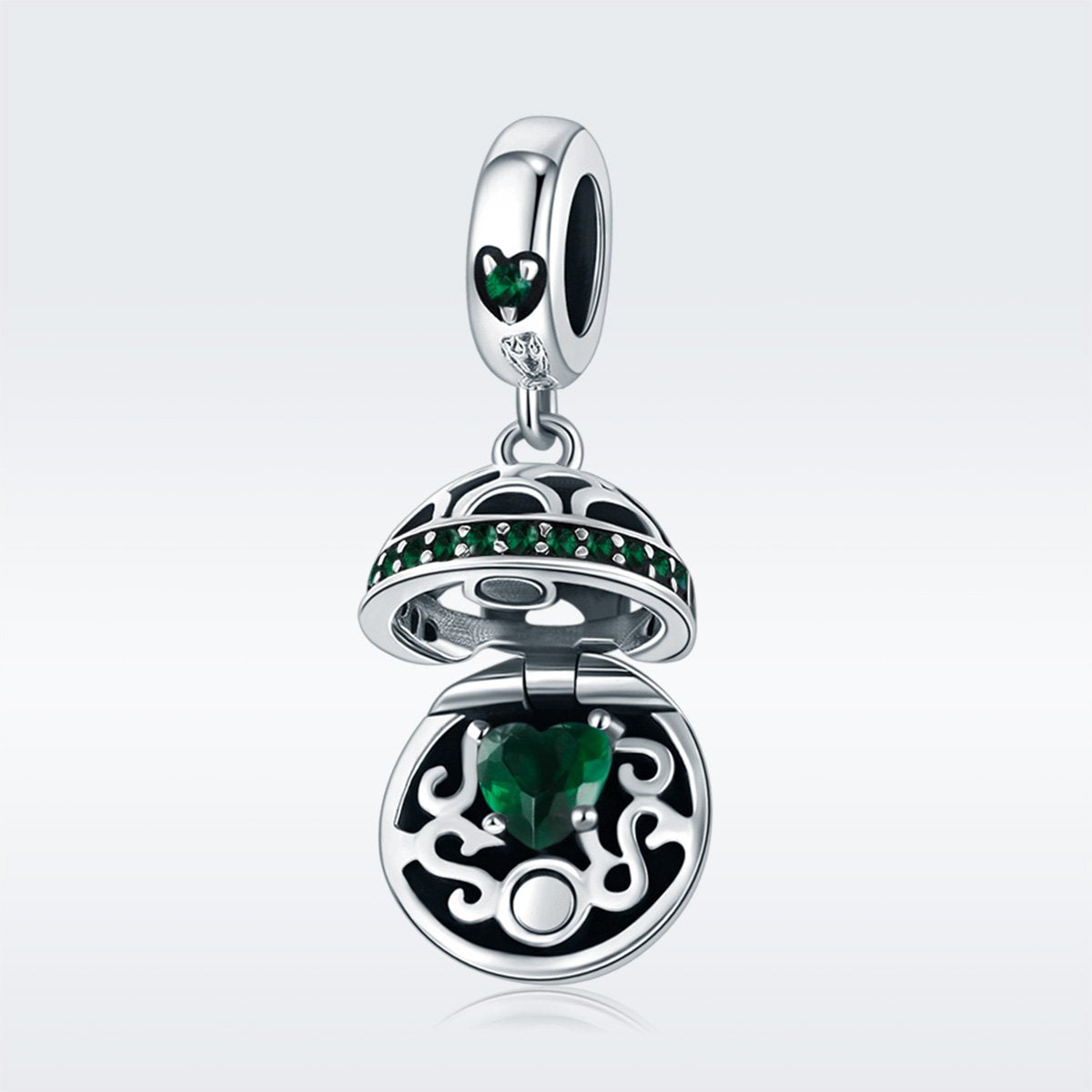Sterling 925 Silver Hollow Round Box Green Pendant for Pandora & European Charm Bracelets