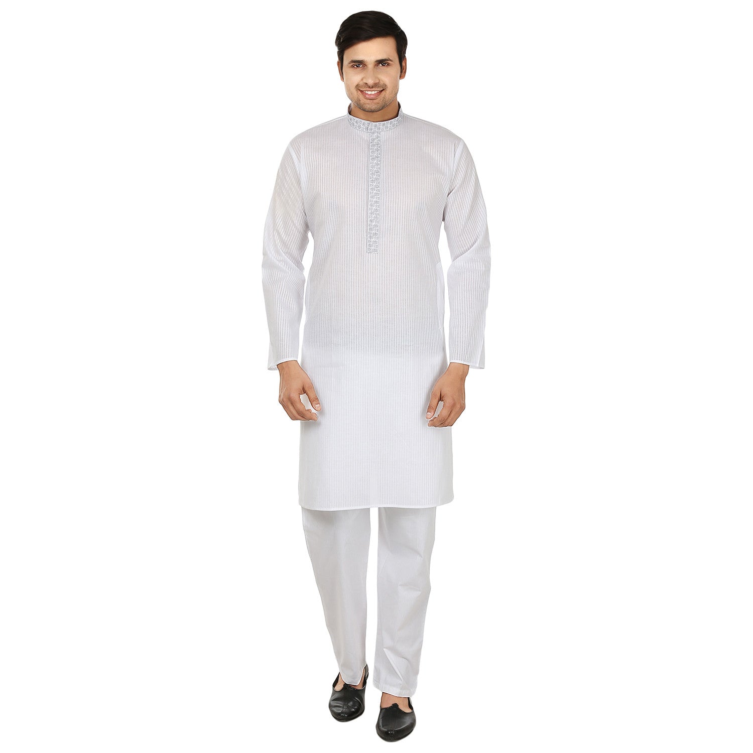 Men's Embroidered Cotton Kurta Pajama - Traditional Indian Outfit (White)