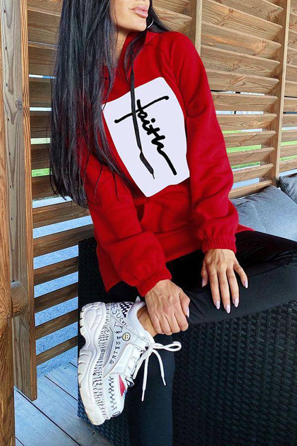 Faith Letters Print Loose Casual Long Sleeve Hoodie