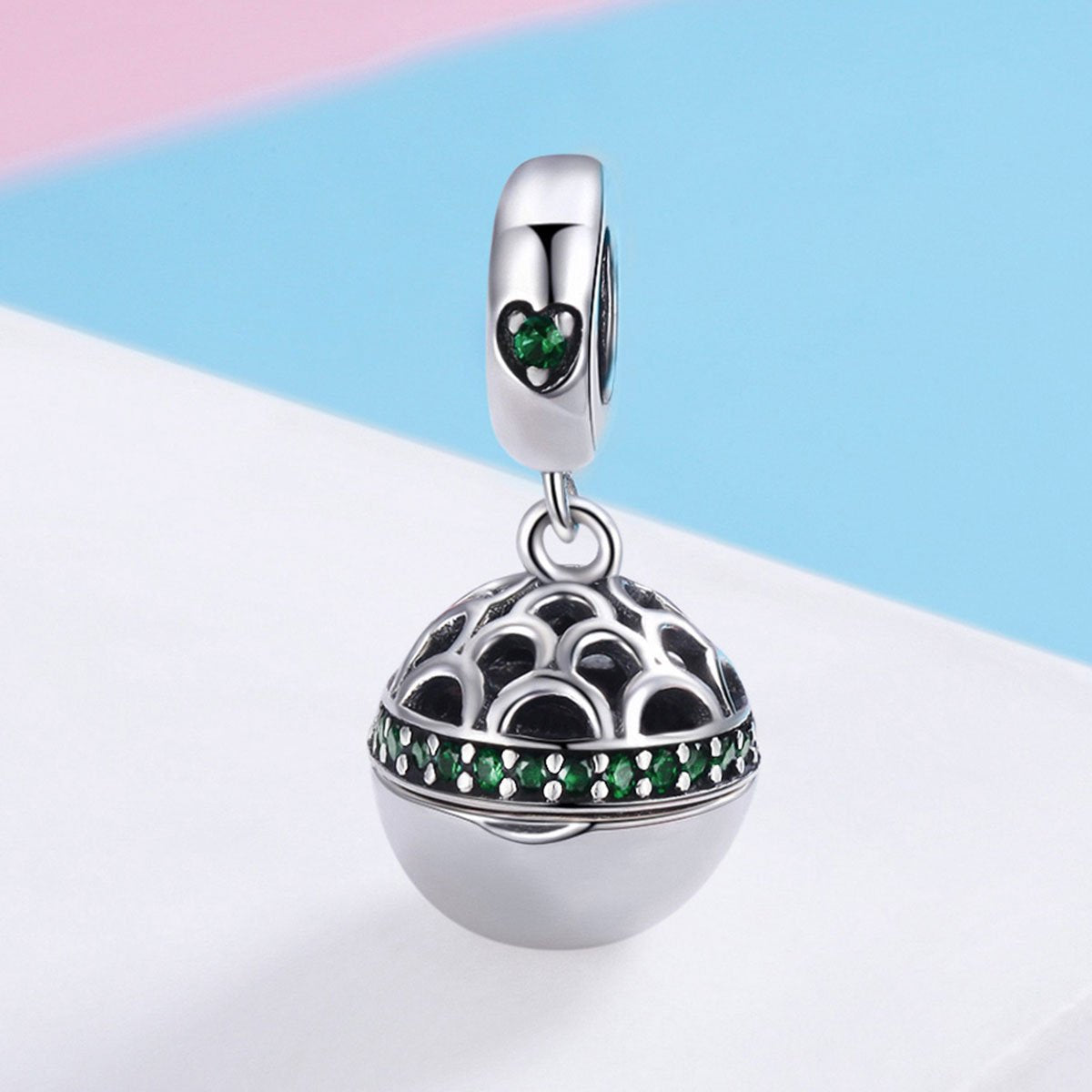 Sterling 925 Silver Hollow Round Box Green Pendant for Pandora & European Charm Bracelets