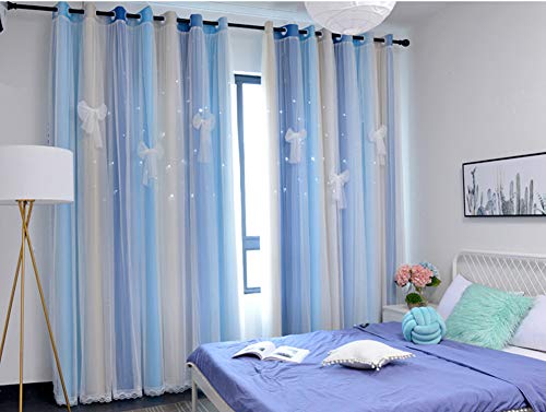 Yancorp Room Darkening Light Blocking Blue Beige Curtains with Sheer Lace and Detachable Bow Ties