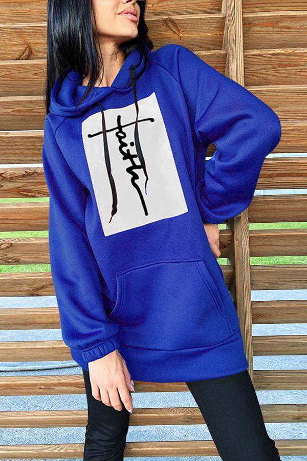 Faith Letters Print Loose Casual Long Sleeve Hoodie