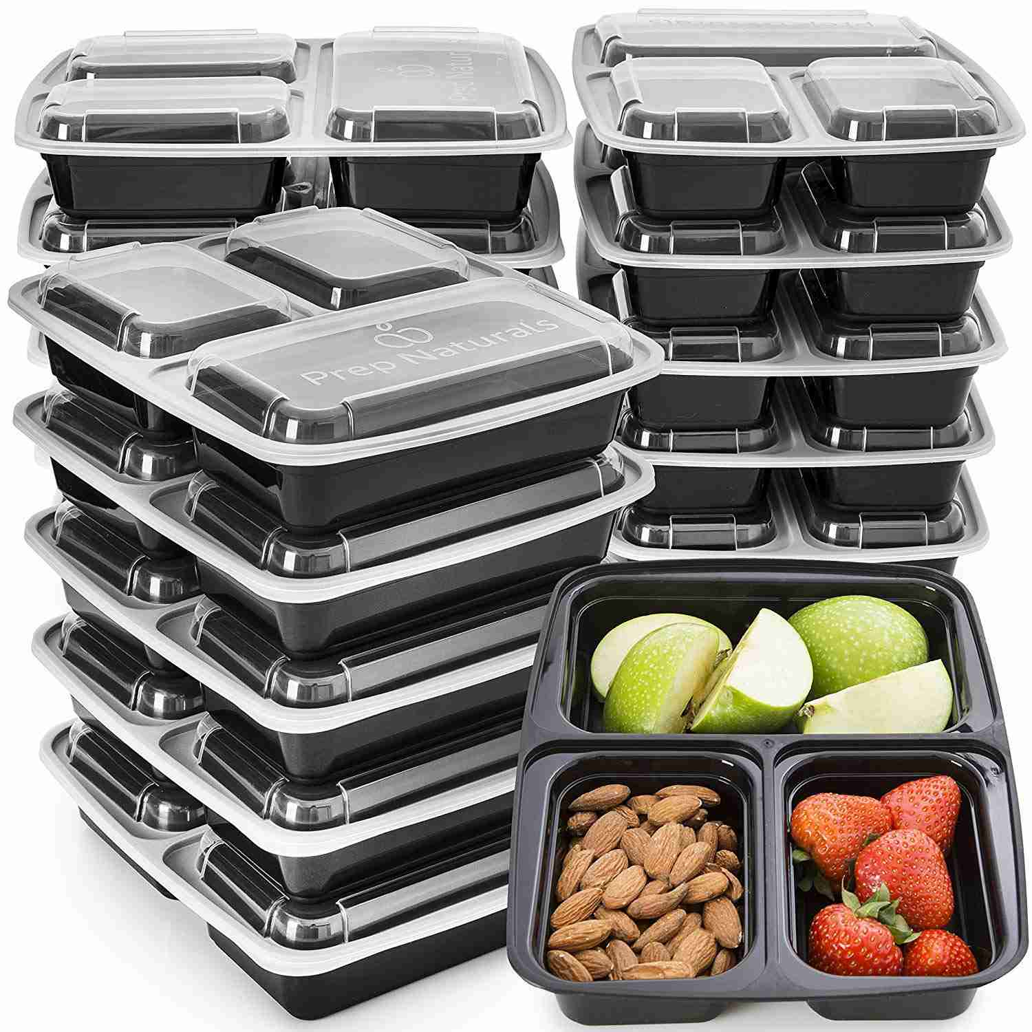 Meal Prep Containers 3 Compartment - Reusable Bento Lunch Box [15 Pack]