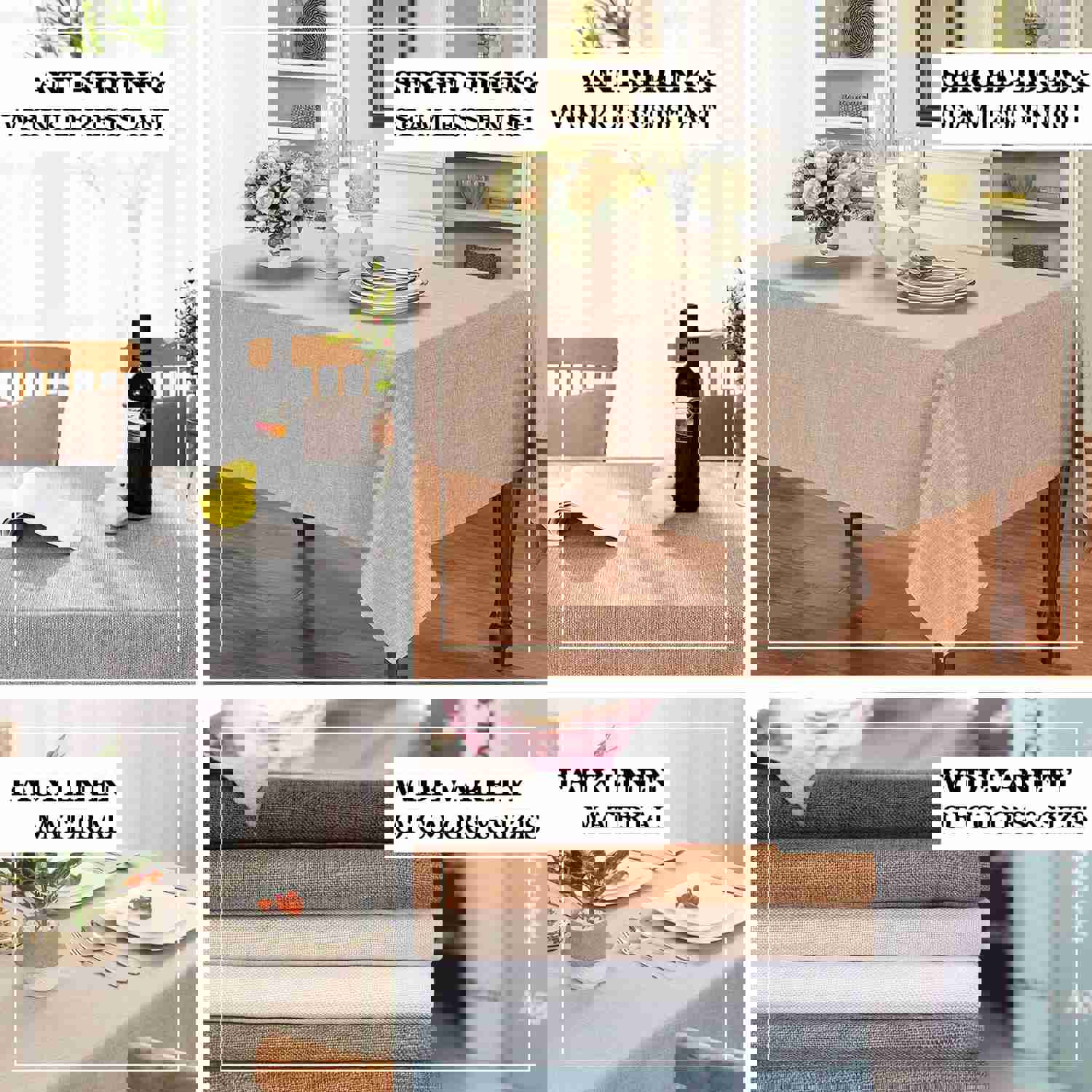 Beige Seamless Rectangular Tablecloth - Linen Look, Wrinkle Resistant, 60x102 Inches