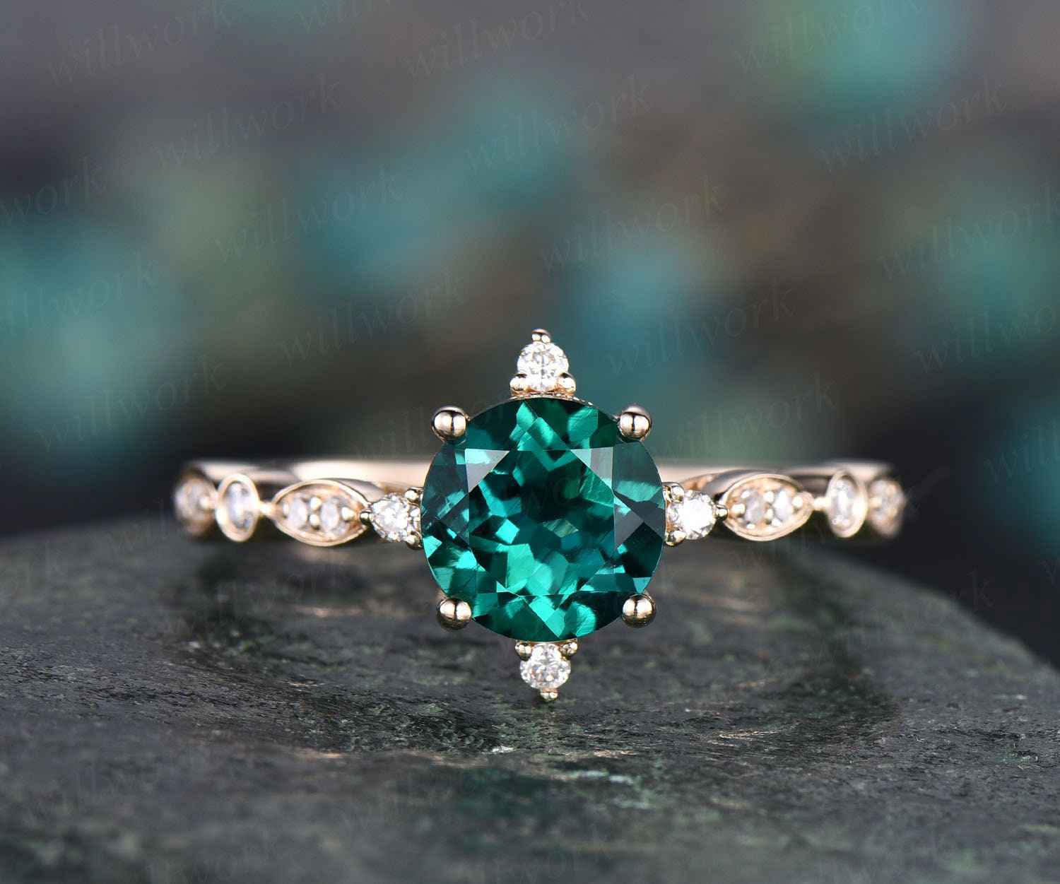 Unique Vintage Green Emerald Engagement Ring - 14K Yellow/Rose Gold Art Deco Diamond Ring