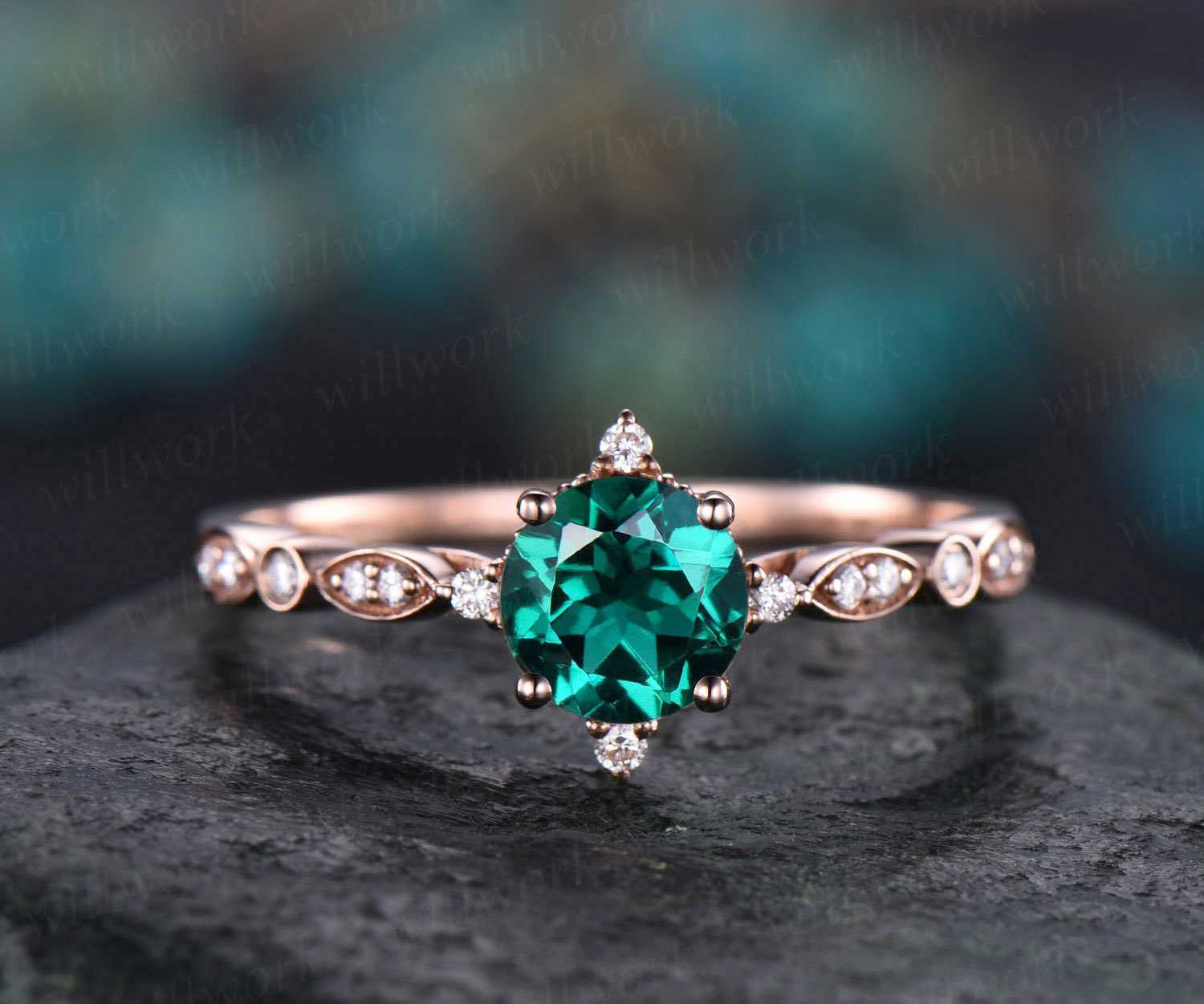 Unique Vintage Green Emerald Engagement Ring - 14K Yellow/Rose Gold Art Deco Diamond Ring