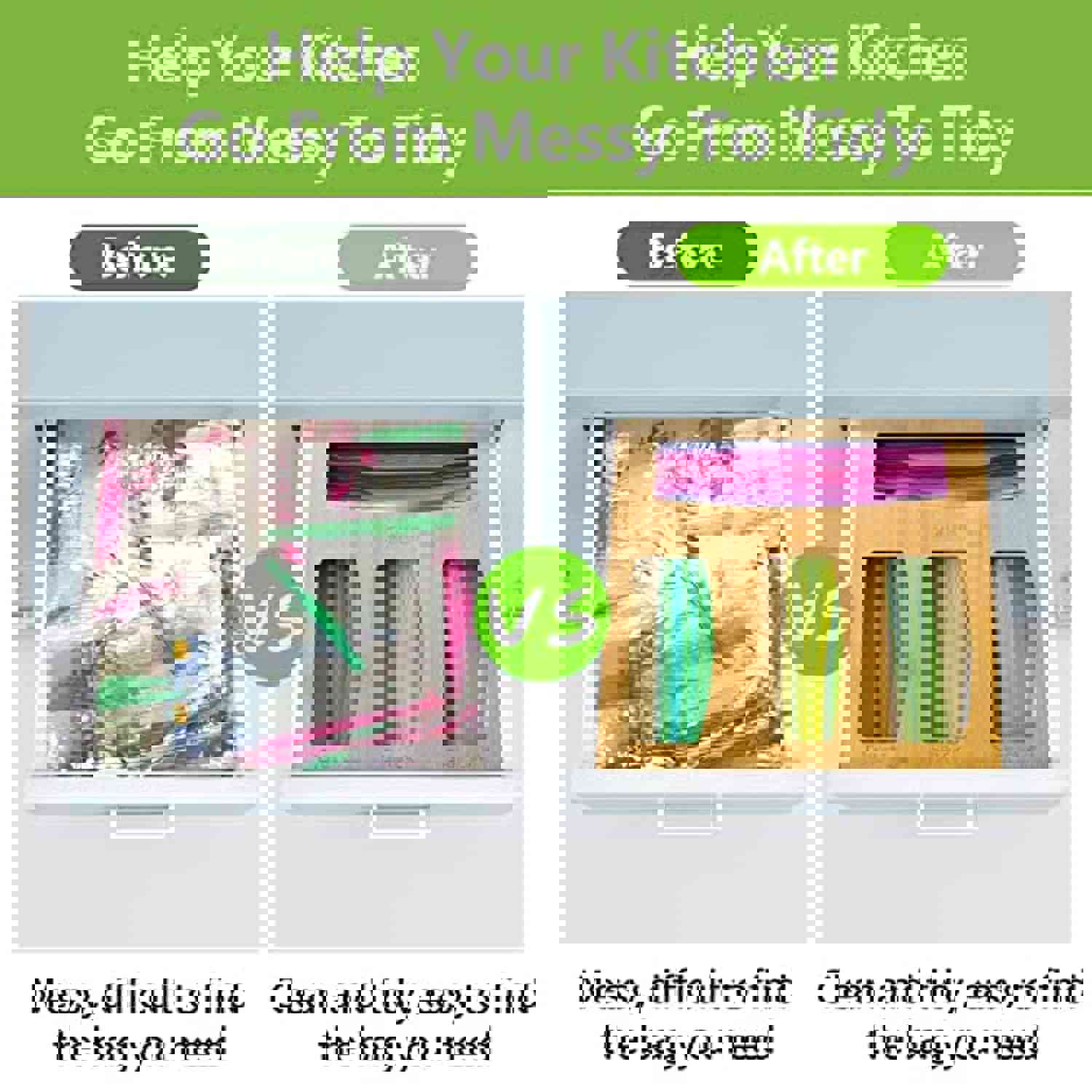 Ailker Food Ziplock Bag Storage Organizer - Premium Bamboo Wood Kitchen Drawer Organizer (4 Pack)