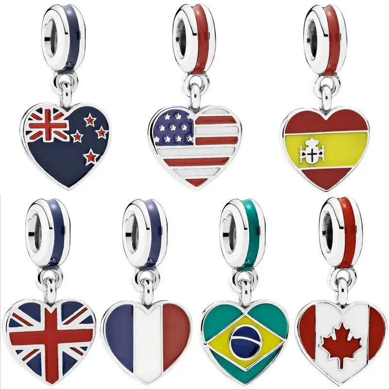 925 Sterling Silver Love Heart Flag Pendant Beads Charm for DIY Jewelry