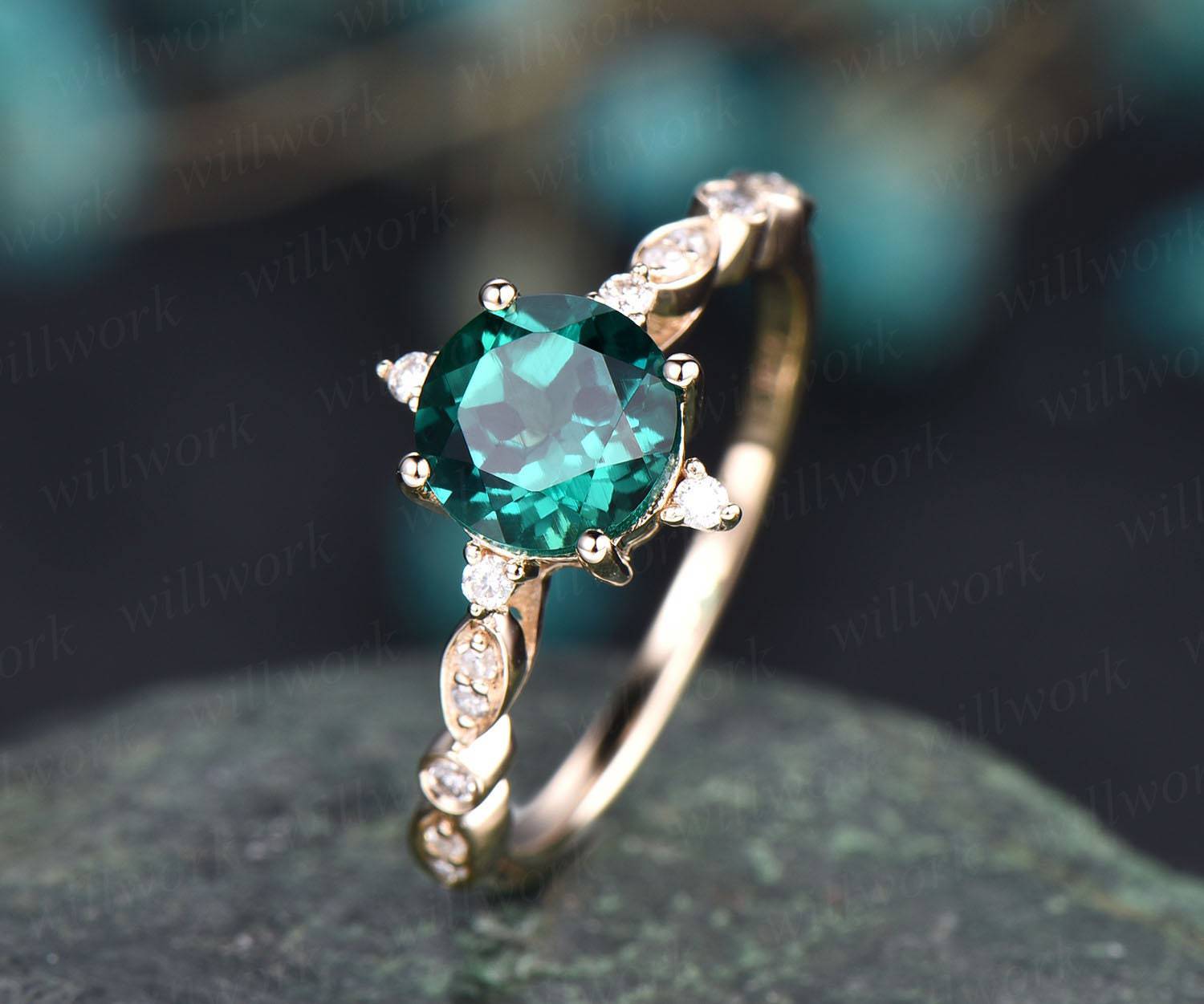 Unique Vintage Green Emerald Engagement Ring - 14K Yellow/Rose Gold Art Deco Diamond Ring