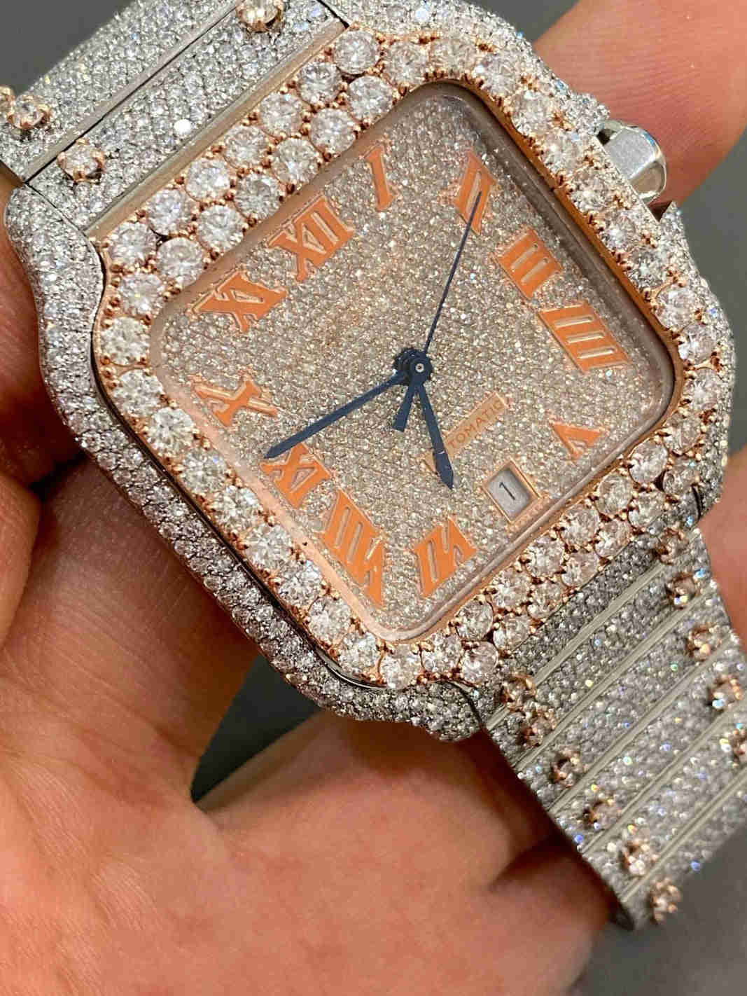 Orange Roman Numeral Two Tone Moissanite Studded Diamond Watch