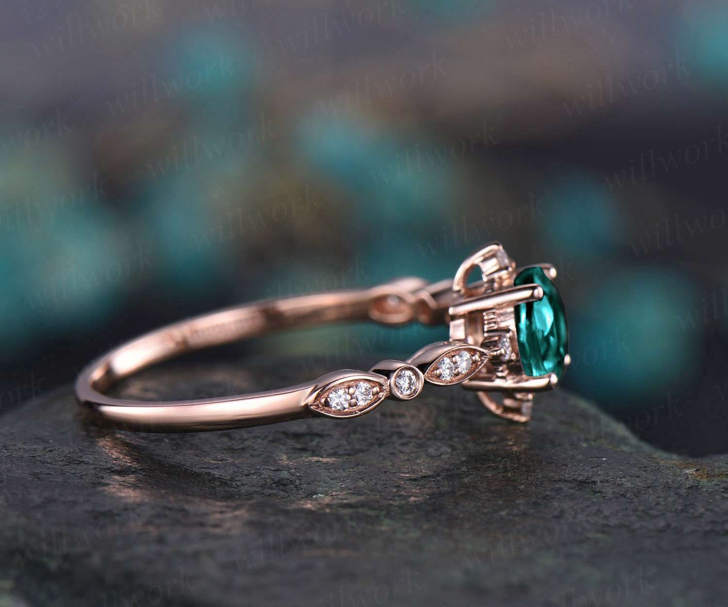 Unique Vintage Green Emerald Engagement Ring - 14K Yellow/Rose Gold Art Deco Diamond Ring