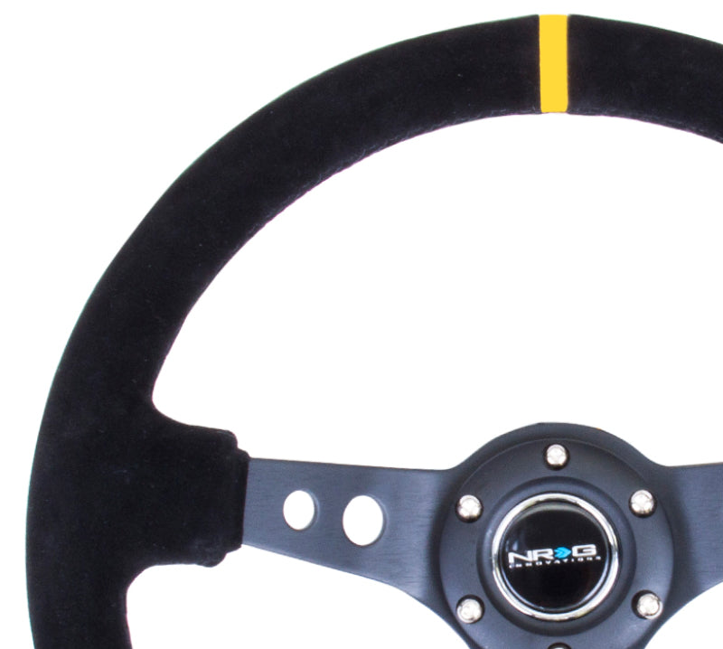 NRG Reinforced Steering Wheel (350mm / 3in. Deep) Black Suede with Circle Cut Spokes & Single Yellow CM