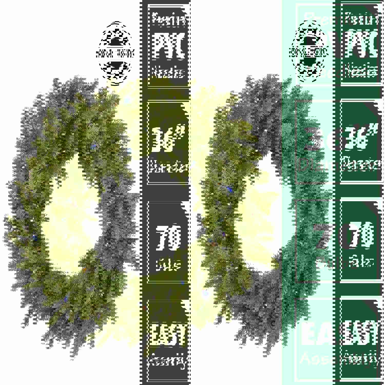 Fraser Hill Farm - 36-In. Grandland Artificial Holiday Wreath with Multi-Colored Battery-Operated LED String Lights