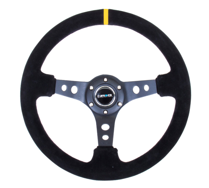 NRG Reinforced Steering Wheel (350mm / 3in. Deep) Black Suede with Circle Cut Spokes & Single Yellow CM