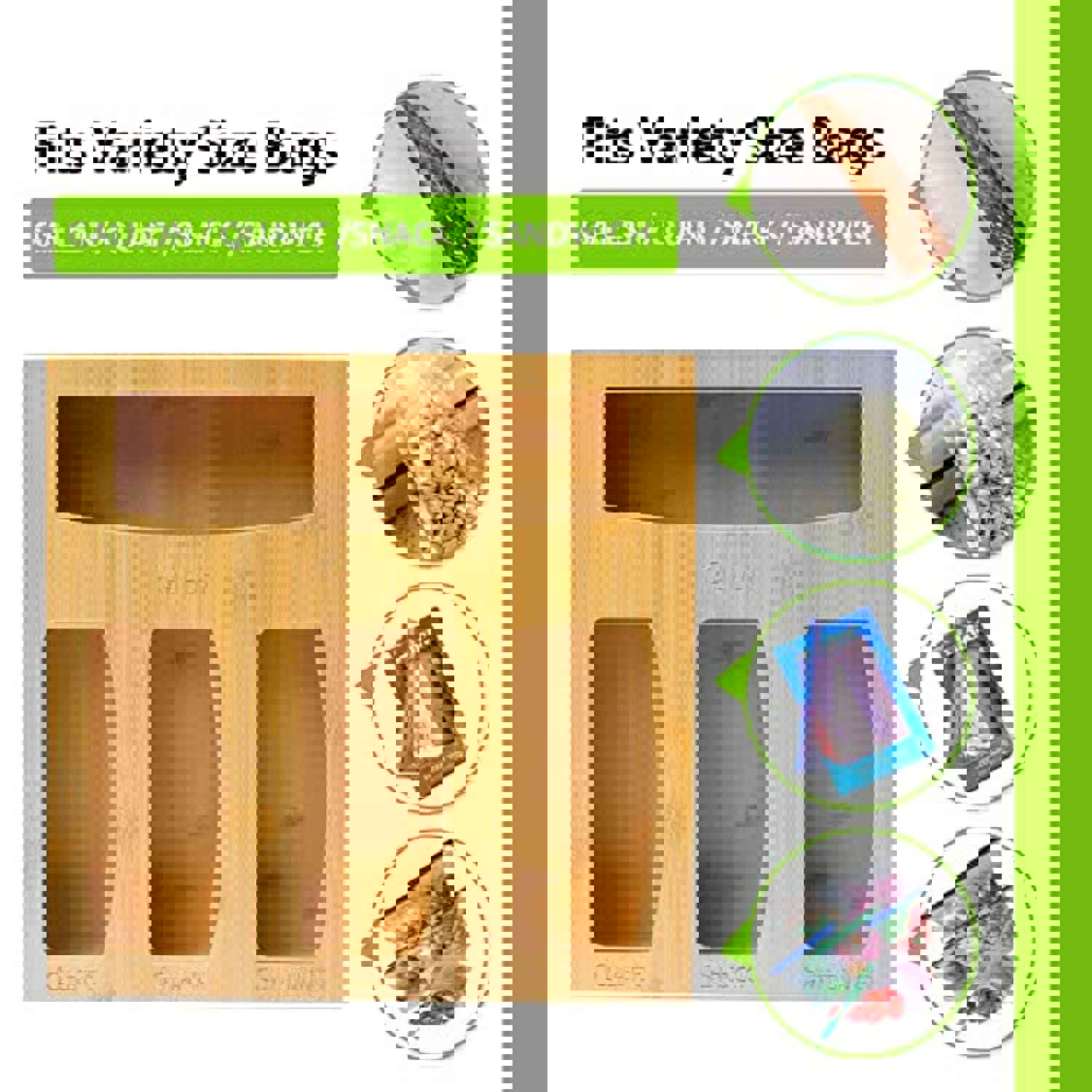 Ailker Food Ziplock Bag Storage Organizer - Premium Bamboo Wood Kitchen Drawer Organizer (4 Pack)