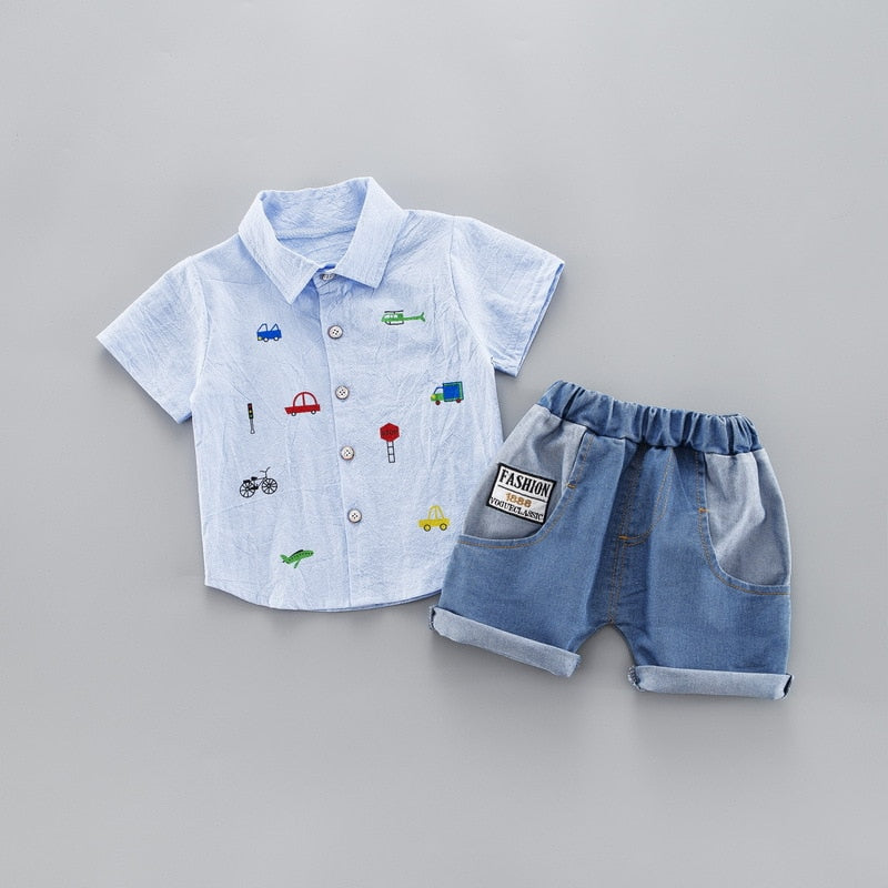 Kids Toddler Boy Clothing Set - Short Sleeve Shirt & Jeans (100% Cotton)