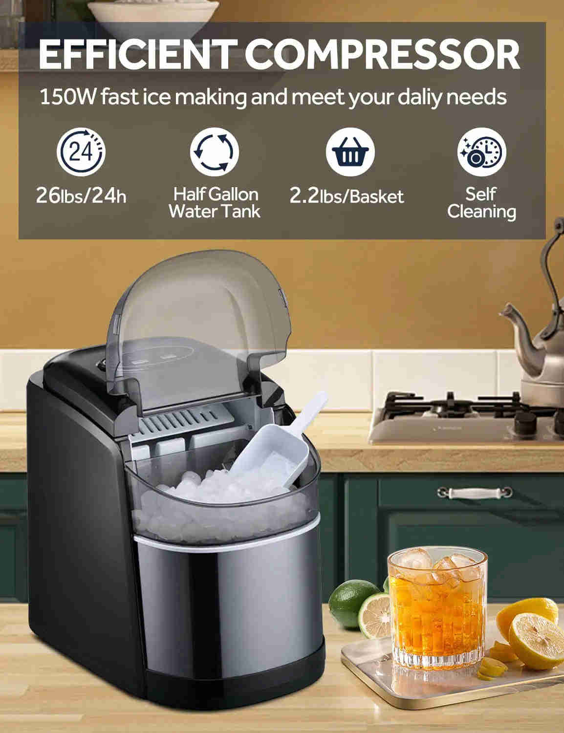 Dreamiracle Ice Maker Machine for Countertop, Self-Cleaning, 26Lbs/24H, 9 Ice in 6 Mins, Compact for Home/Party/Camping (Black)
