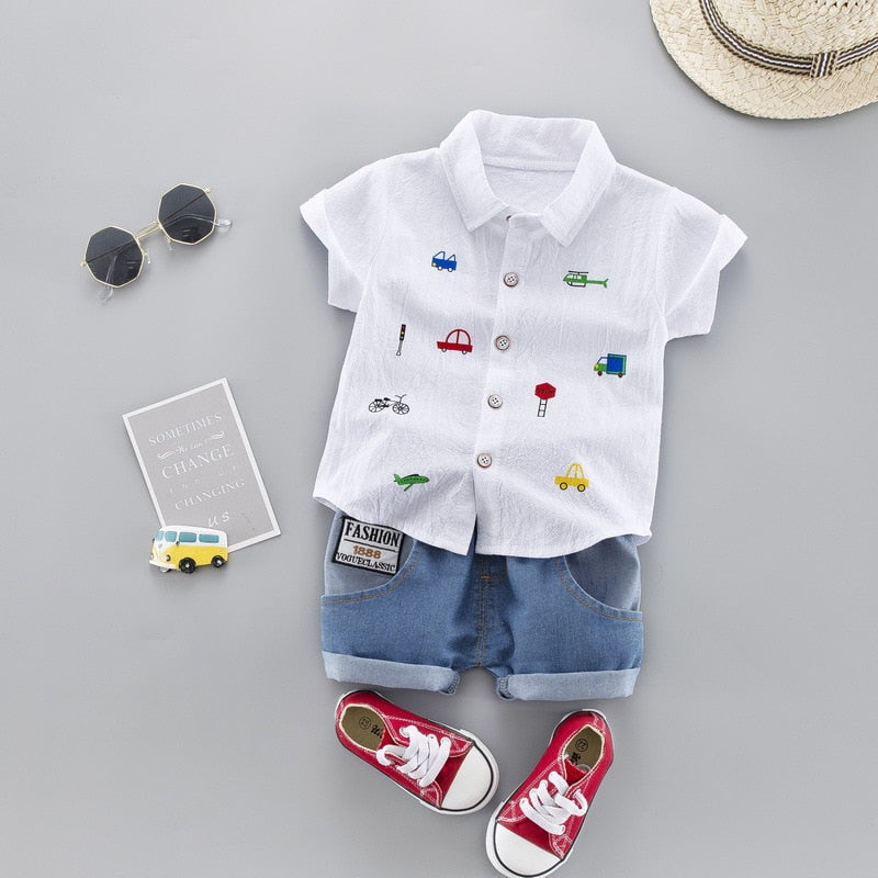 Kids Toddler Boy Clothing Set - Short Sleeve Shirt & Jeans (100% Cotton)