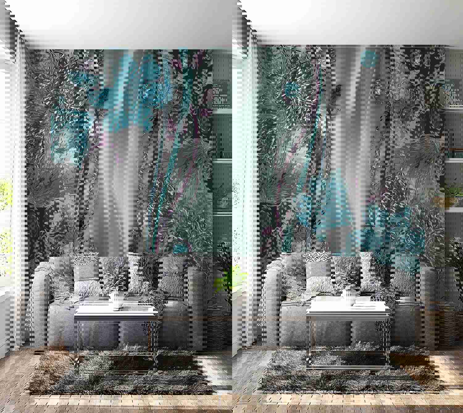 Peel & Stick Glam Wall Mural - Floral Curtain Turquoise - Removable Wall Decals