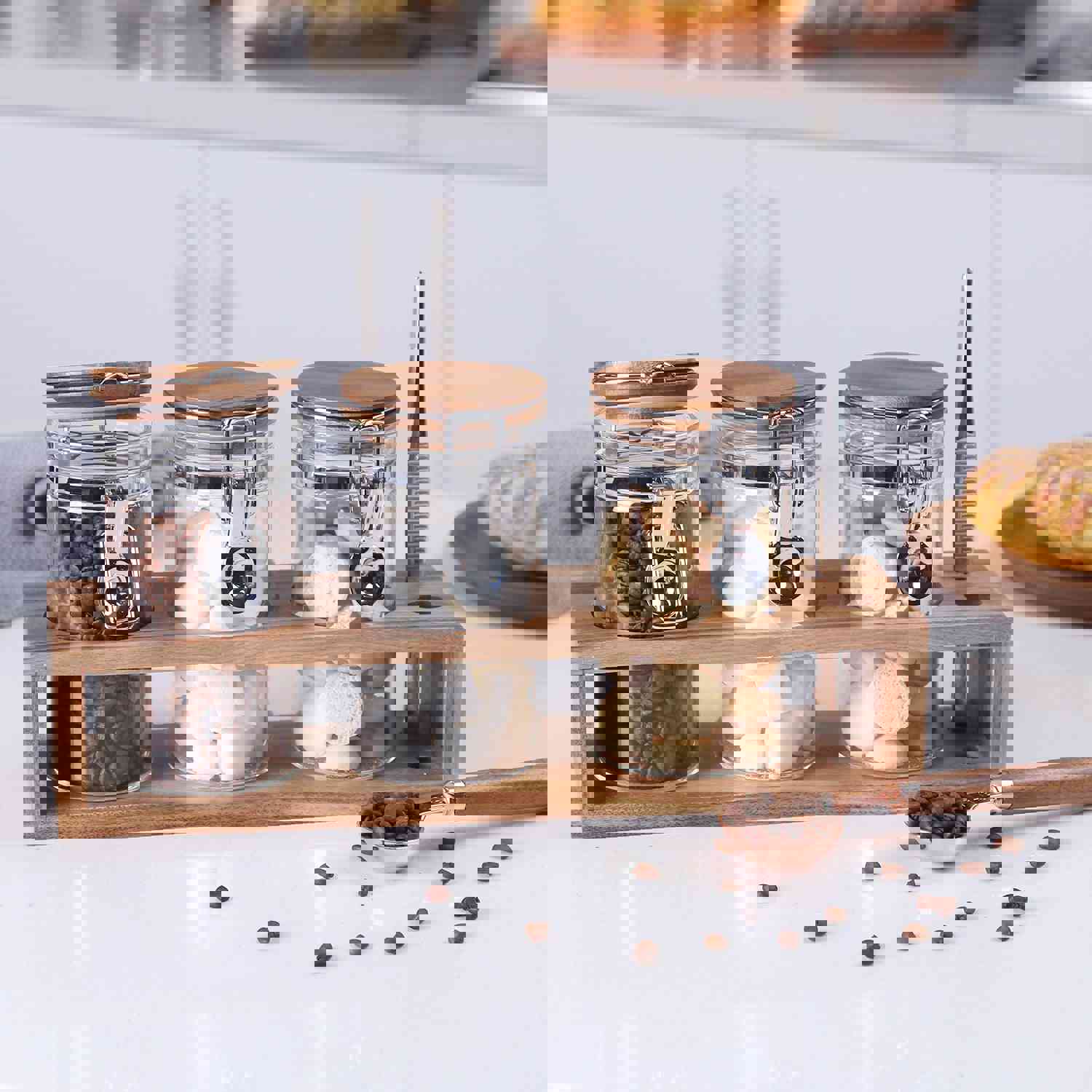 KKC Home Accents Glass Food Storage Jars with Airtight Locking Clamp Bamboo Lids - Set of 3 (13.5 oz)