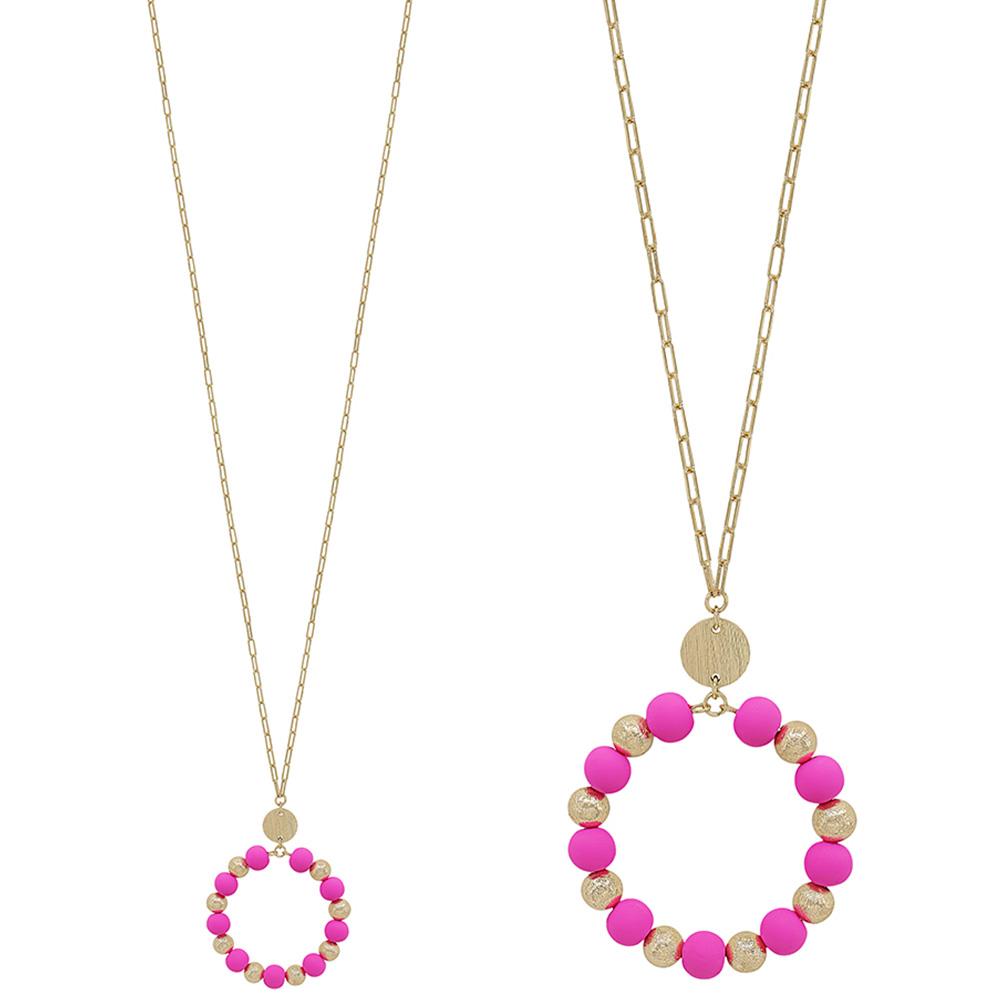 Satin Ball Accent Clay Bead Round Pendant Necklace - Pink, Blue, White, Green