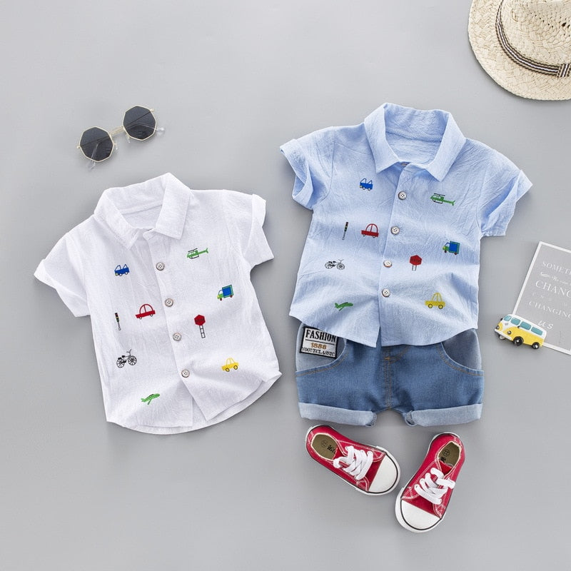 Kids Toddler Boy Clothing Set - Short Sleeve Shirt & Jeans (100% Cotton)
