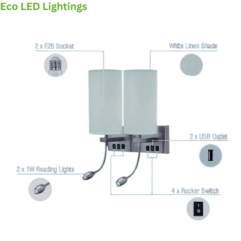 Contemporary Double Headboard Light - Brushed Nickel Finish with Energy-Efficient LED