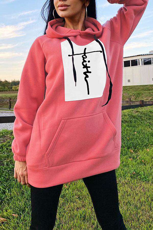 Faith Letters Print Loose Casual Long Sleeve Hoodie