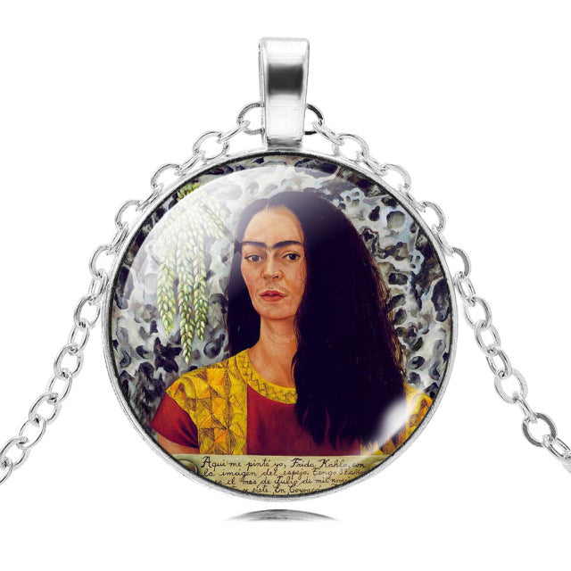 LIEBE ENGEL Frida Kahlo Glass Cabochon Choker Necklace - Vintage Silver Chain Statement Jewelry for Women