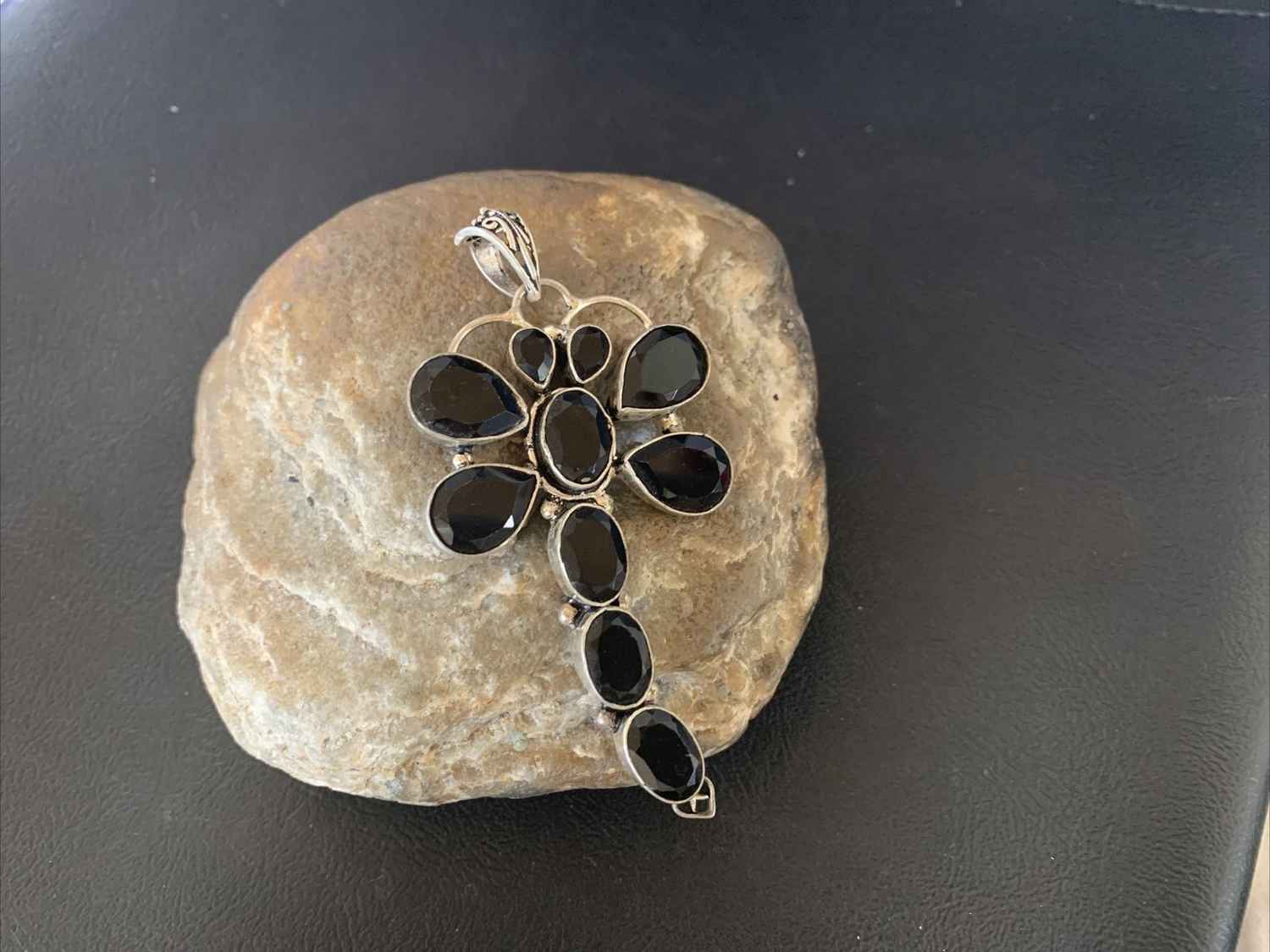 Handcrafted Sterling Silver Dragonfly Pendant with Faceted Black Onyx Gems
