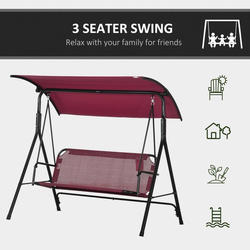 Outsunny 3-Person Porch Swing Bench with Stand & Adjustable Canopy, Armrests, Steel Frame for Outdoor, Garden, Patio, Porch & Poolside, Wine Red