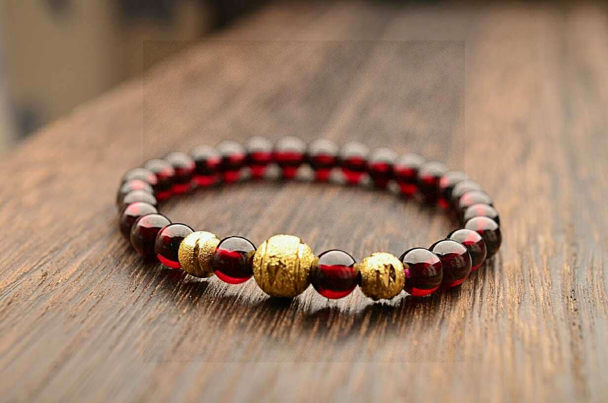 Natural Wine Red Garnet Single Loop Bracelet - 6.7mm Bead Diameter