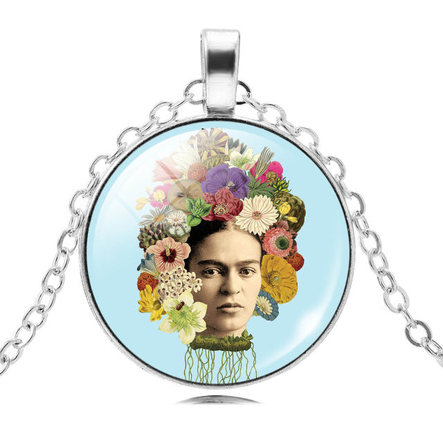 LIEBE ENGEL Frida Kahlo Glass Cabochon Choker Necklace - Vintage Silver Chain Statement Jewelry for Women