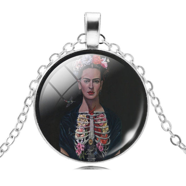 LIEBE ENGEL Frida Kahlo Glass Cabochon Choker Necklace - Vintage Silver Chain Statement Jewelry for Women