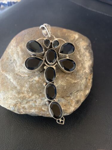 Handcrafted Sterling Silver Dragonfly Pendant with Faceted Black Onyx Gems
