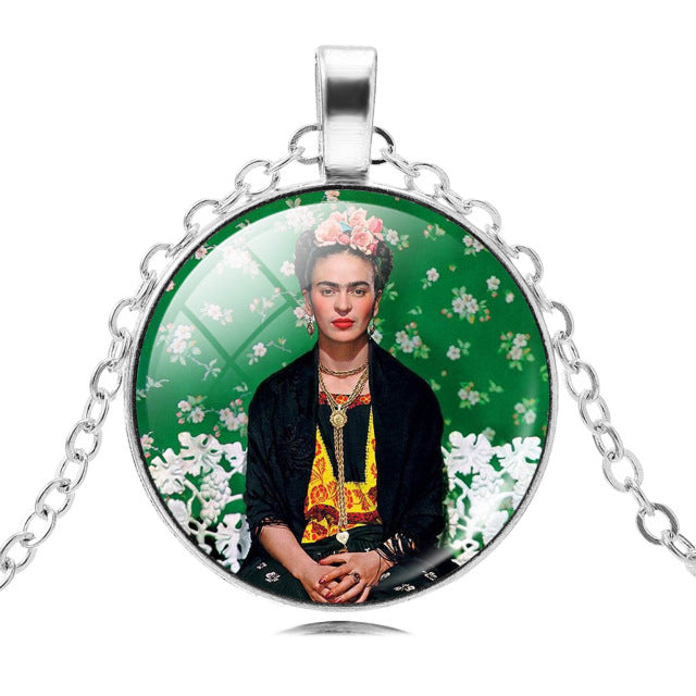 LIEBE ENGEL Frida Kahlo Glass Cabochon Choker Necklace - Vintage Silver Chain Statement Jewelry for Women