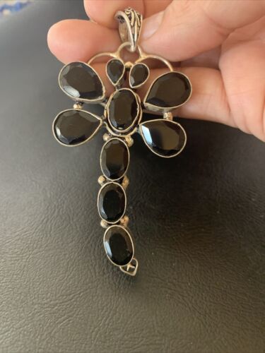 Handcrafted Sterling Silver Dragonfly Pendant with Faceted Black Onyx Gems