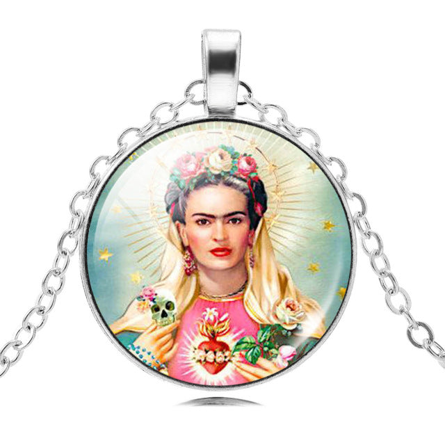 LIEBE ENGEL Frida Kahlo Glass Cabochon Choker Necklace - Vintage Silver Chain Statement Jewelry for Women