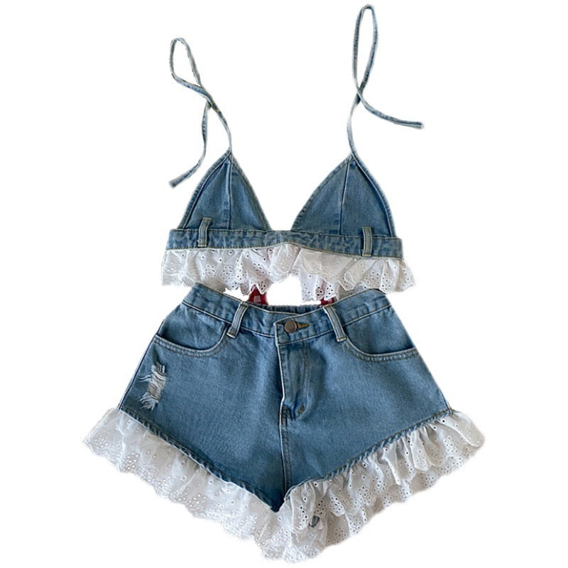 Denim Crop Top + Shorts Summer Clothing Set for Girls Aged 3-16