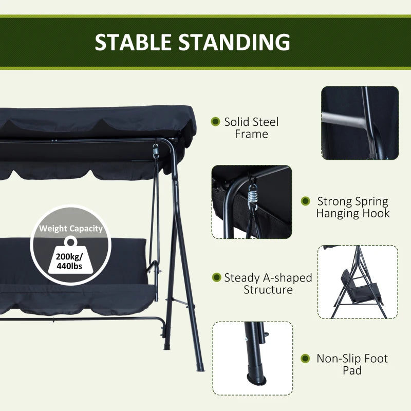 Outsunny 3-Person Porch Swing Bench with Stand & Adjustable Canopy, Armrests, Steel Frame for Outdoor, Garden, Patio, Porch & Poolside, Wine Red