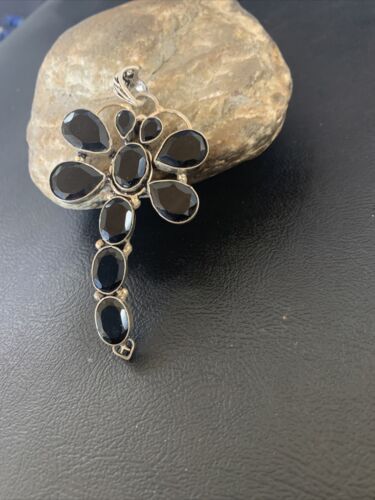Handcrafted Sterling Silver Dragonfly Pendant with Faceted Black Onyx Gems
